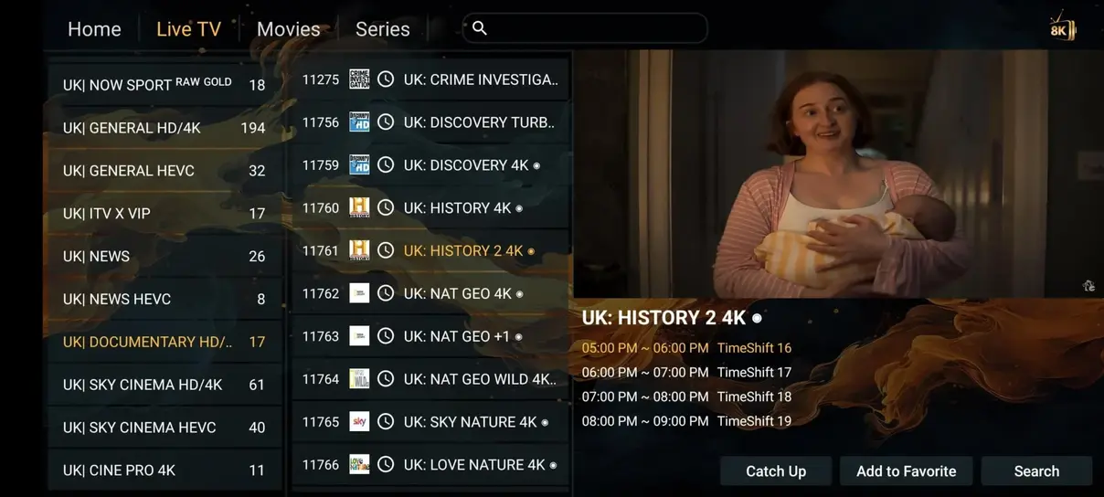 TVavo IPTV channel categories and live streaming player interface