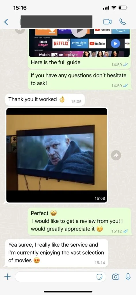 WhatsApp customer support chat proof with TVavo IPTV